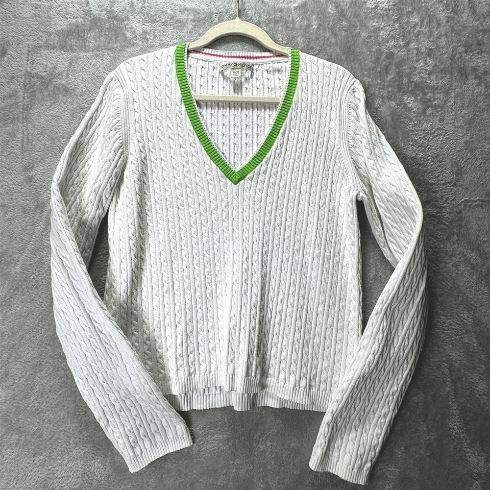 Tommy Hilfiger Cable Knit Sweater XL Varsity V Neck Preppy Tennis Y2K Old Money‎